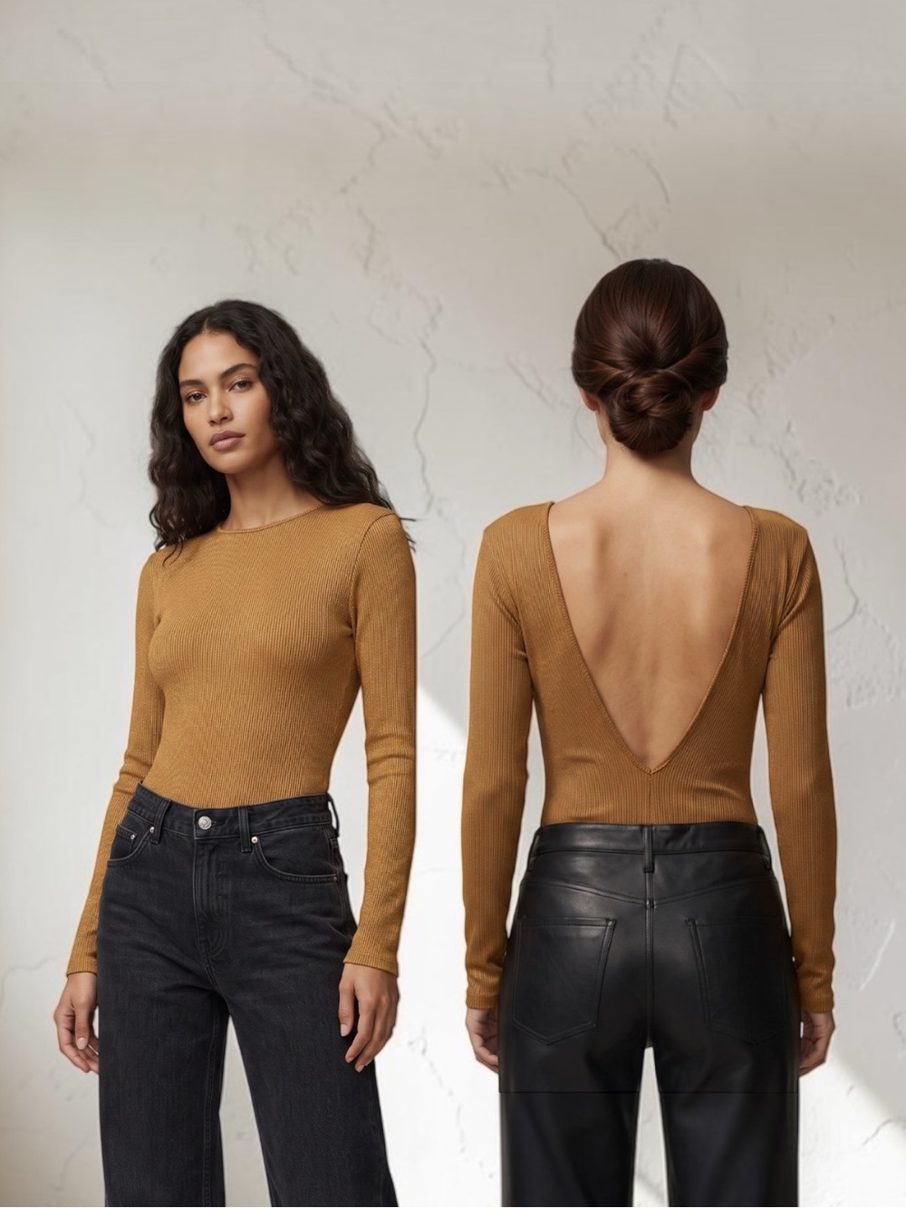 Goldsign Ochre Ribbed Deep V Backless Bodysuit Bodycon Top NWT Small Gold